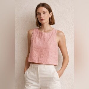 🌸 POSSE Linen Crop Tank Top XS Pink Sleeveless Square Neck Resort 🌸